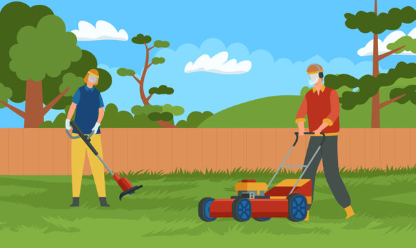 Professional lawn mowing and care maintenance. Handymen with protection equipment cutting grass on backyard