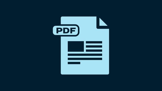 White PDF file document. Download pdf button icon isolated on blue background. PDF file symbol. 4K Video motion graphic animation