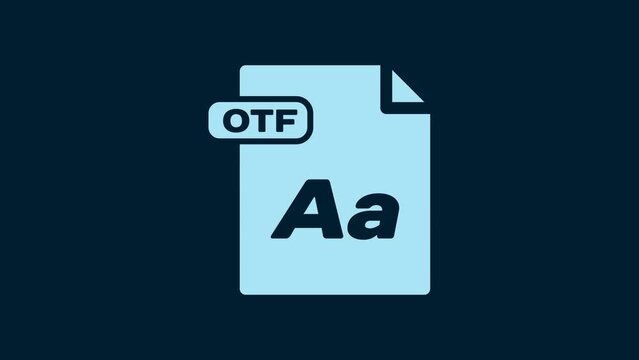 White OTF file document. Download otf button icon isolated on blue background. OTF file symbol. 4K Video motion graphic animation