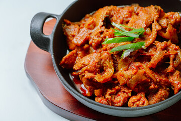 jeyukbokkeum, Korean style stir-fried pork : Thinly sliced pork marinated in spicy ginger-gochujang...