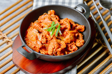 jeyukbokkeum, Korean style stir-fried pork : Thinly sliced pork marinated in spicy ginger-gochujang...