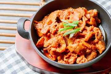 jeyukbokkeum, Korean style stir-fried pork : Thinly sliced pork marinated in spicy ginger-gochujang...