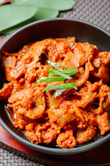 jeyukbokkeum, Korean style stir-fried pork : Thinly sliced pork marinated in spicy ginger-gochujang and stir-fried with onion, carrots, perilla leaves, or abbage. Ingredients vary according to taste.