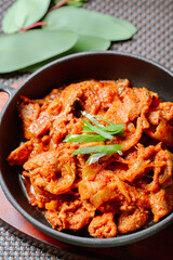 jeyukbokkeum, Korean style stir-fried pork : Thinly sliced pork marinated in spicy ginger-gochujang and stir-fried with onion, carrots, perilla leaves, or abbage. Ingredients vary according to taste.