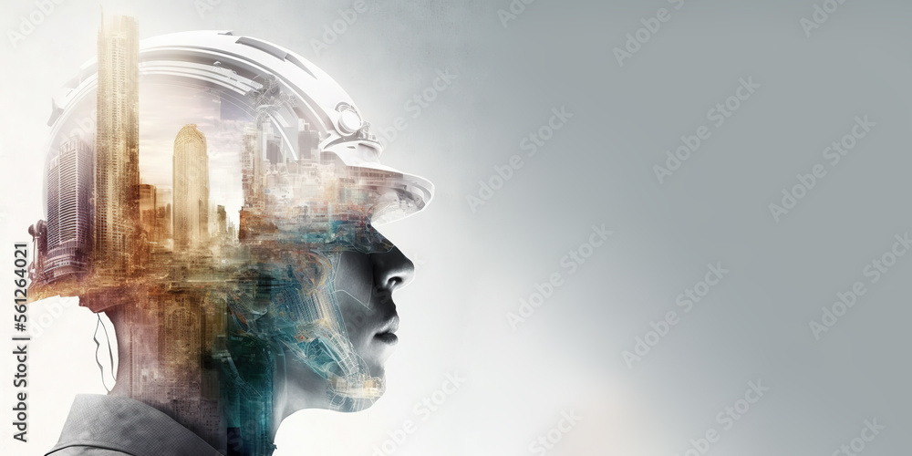 Poster future building construction engineering project devotion with double exposure graphic design. build