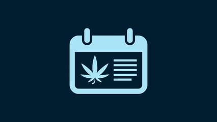 White Calendar and marijuana or cannabis leaf icon isolated on blue background. National weed day. Hemp symbol. 4K Video motion graphic animation