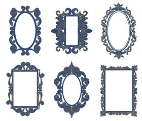 Vintage baroque antique decorative tracery mirrors. Elegant borders with curves elements of different shape such as oval and rectangle