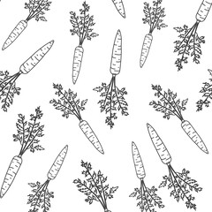 doodle pattern seamless with vegetables, banner with carrot for store rela, poster with handmade healthy food on white background with black lines.