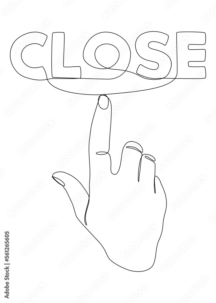 Poster one continuous line of index finger pointng at close word. thin line illustration vector concept. co