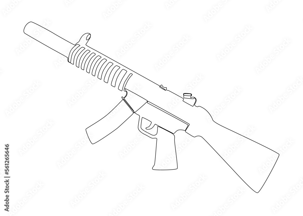 Poster one continuous line of a machine gun. thin line illustration vector concept. contour drawing creativ