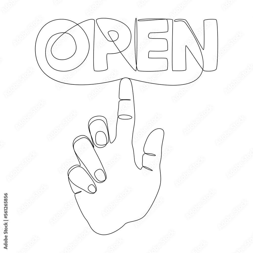 Poster one continuous line of index finger pointng at open word. thin line illustration vector concept. con