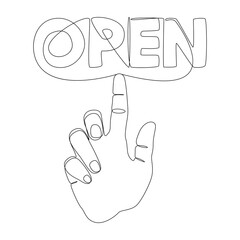 One continuous line of index finger pointng at Open word. Thin Line Illustration vector concept. Contour Drawing Creative ideas.