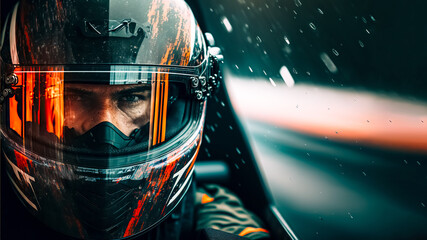 Racer in a helmet driving a car on the track. digital art