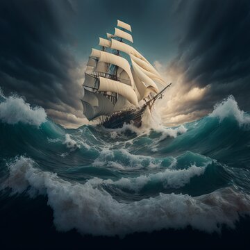 Big old sailing ship at the ocean. Big waves are around the galleon. Generative Ai. 