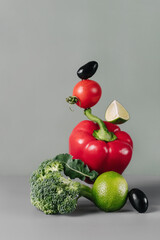 Fresh green vegetables and fruits on table. Floating food balance with tomato, avocado, lime,...