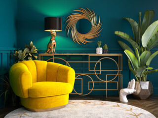 Luxury Interior. Modern art deco living room interior 3D illustration - 561266062