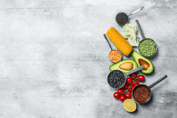 Organic food. Ripe vegetables with legumes.