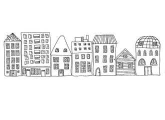 Buildings, houses on street hand drawn set - black and white architecture painting isolated on white background