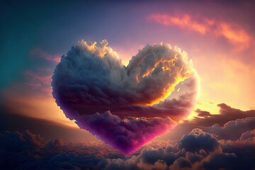 Colorful heart made out of clouds at a bright sunset, generative ai