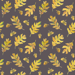 Seamless pattern with oak leaves and acorns. Hand-drawn watercolor illustration. Wild plants. Brownish on grey background.