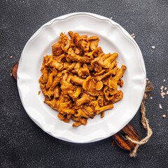 chanterelles mushroom fresh meal food snack on the table copy space food background rustic top view
