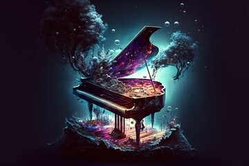 A grand piano with a magical design and neon colors, generative ai