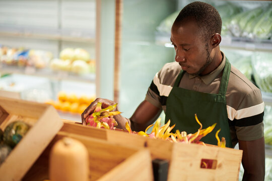 Serious Grocery Store Worker Putting Box Of Dragon Fruits On Shelf