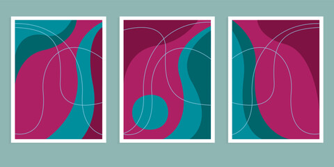 Set of three abstract posters with shapes and lines. vector illustration in turquoise and burgundy colors