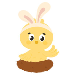 Cute Easter chick character with bunny ears waving hand for kids illustration, design element for spring invitations