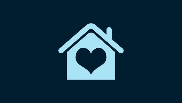 White House with heart shape icon isolated on blue background. Love home symbol. Family, real estate and realty. 4K Video motion graphic animation
