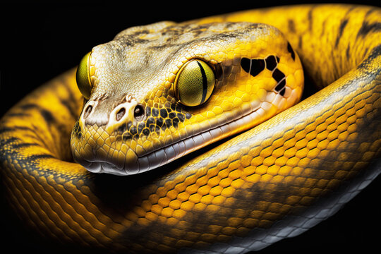 Close-up of the head, eye of an ai generated image of a yellow python sitting curled up