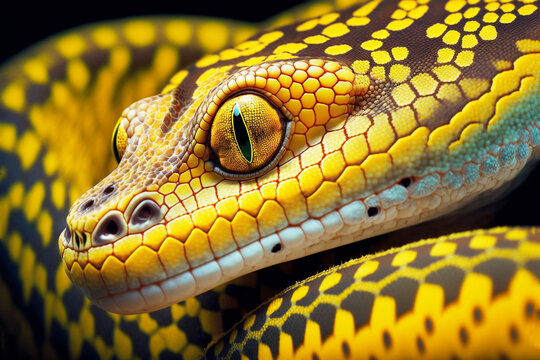 Close-up of the head, eye of an ai generated image of a yellow python sitting curled up