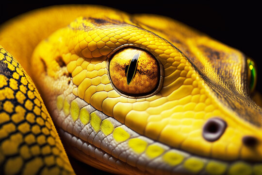 Close-up of the head, eye of an ai generated image of a yellow python sitting curled up