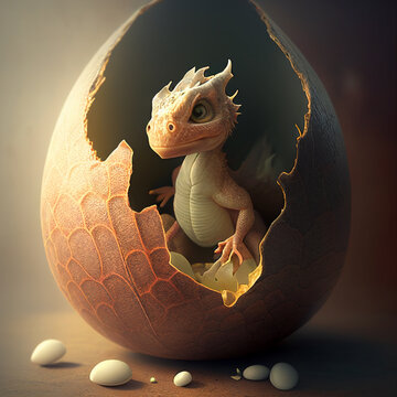 Newborn baby dragon in an egg. AI generated.