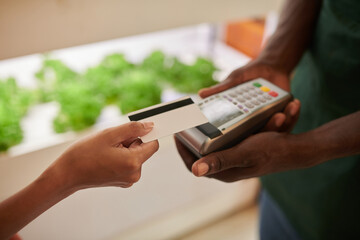 Closeup image of woman paying for groceries with credit card