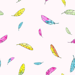 Colorful watercolor painting little feathers - seamless pattern on light  background