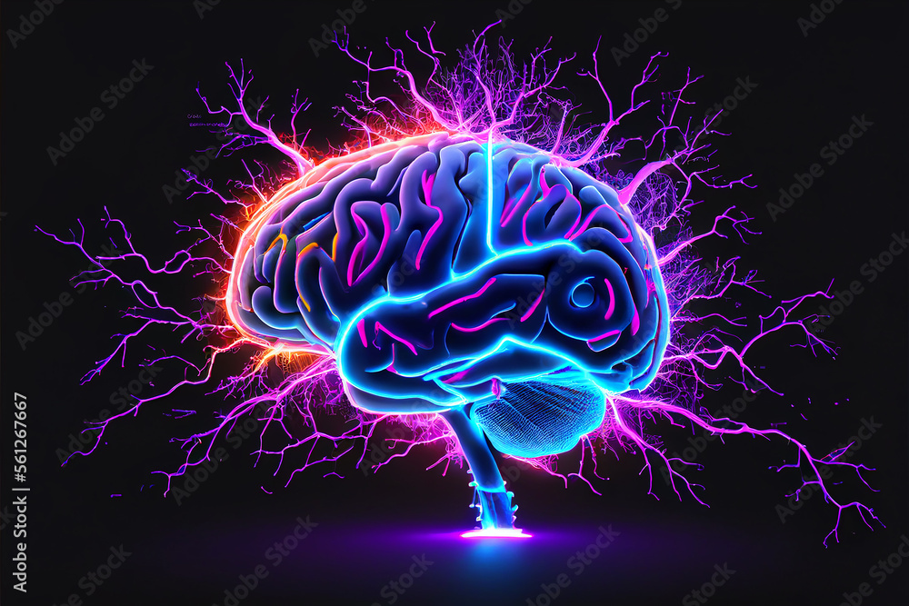 Wall mural neon brain on a black background. created with generative ai technology.