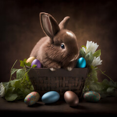 Cute easter bunny in a basket of eggs, generative ai
