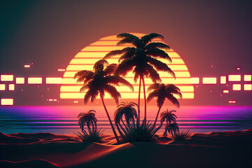 Silhouette palm tree with sun sand and beach retro tone color background. Summer vacation concept. Generative AI - obrazy, fototapety, plakaty