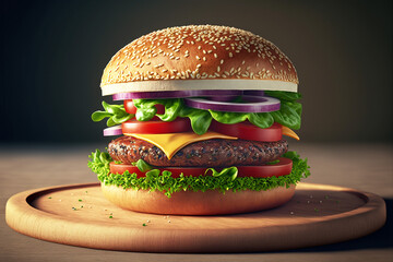 A close-up illustration of a fresh hamburger, ready to eat, sitting on a wooden platter. Isolated against a dark background. Artwork created with generative ai.