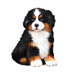 Bernese Mountain Dog puppy watercolor illustration, long-haired dog, cute puppy, pet