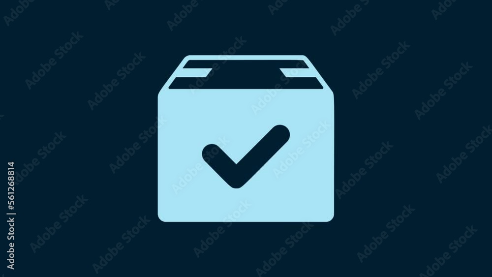 Poster white package box with check mark icon isolated on blue background. parcel box with checkmark. appro