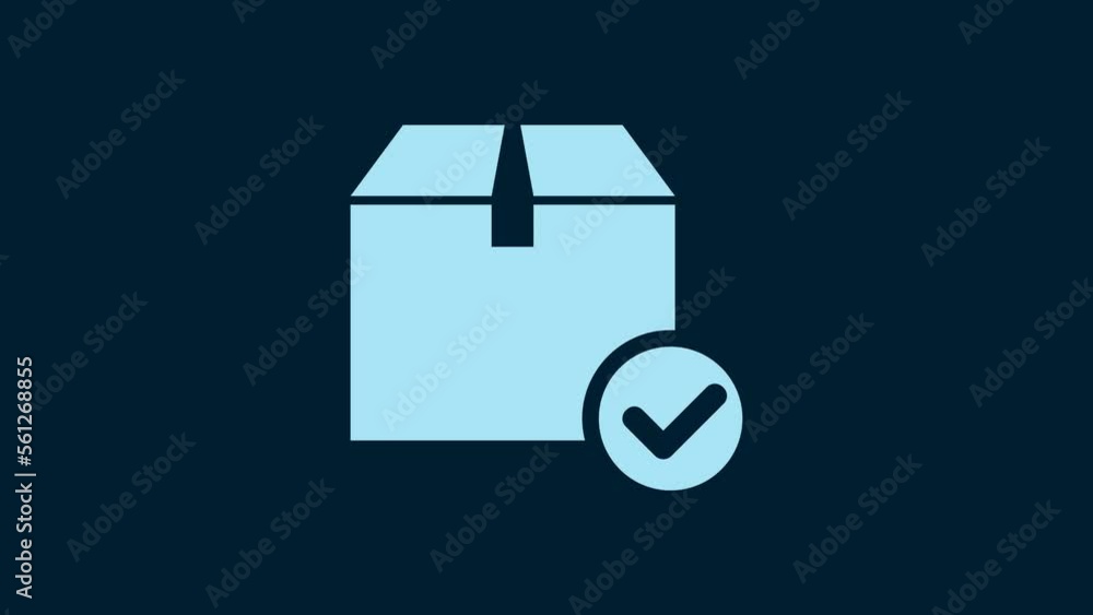 Poster white package box with check mark icon isolated on blue background. parcel box with checkmark. appro