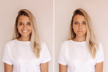 Two portraits of a young caucasian blonde woman in a white t-shirt: cheerful and sad isolated on a...