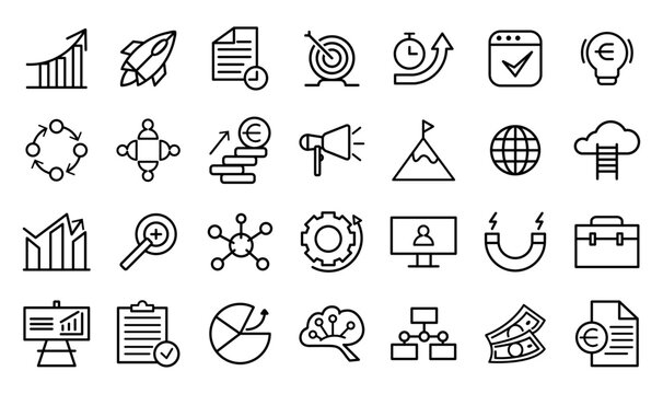 Startups icons packs in style (outline). 
This collection includes for mobile, web, or site design applications. Illustration