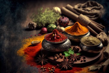 close-up variety of spices, dust or grain in bottle and in  bowl , culinary ingredients on wooden table in artistic position, herbal ground powder, 