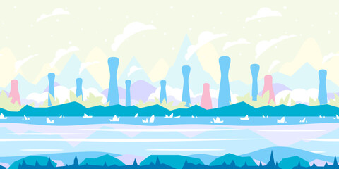 Naklejka premium Unusual volcanoes on fantastic planet, green grass with plants and mountains in summer, nature game background in simple colors and flat style, tileable horizontally