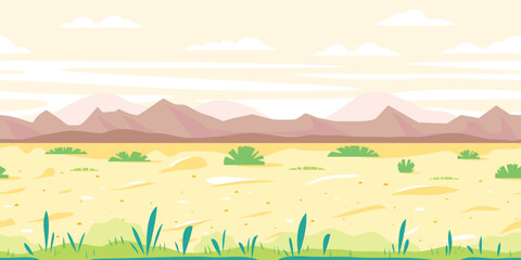 Empty sandy path through the desert with small plants in sunny day, arid deserted place without water and mountains in distance, nature game background in simple colors, tileable horizontally