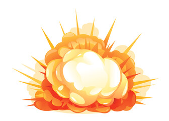 Big cartoon bomb explosion with shrapnel and fireball, isolated on white, bright fiery explosion with yellow clubs of smoke on horizontal surface