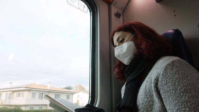 Girl reading book in the train with protective ffp2 mask